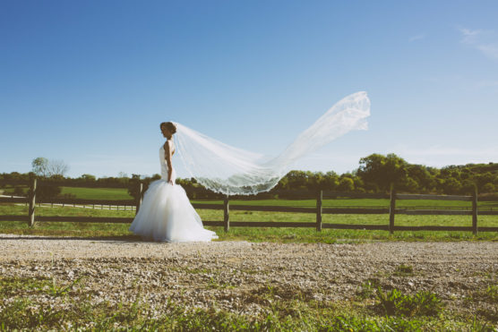 A bride in a white wedding dress stands on a gravel path beside a wooden fence, with her long veil flowing in the wind. Green fields and trees are in the background under a clear blue sky. by Justin Salem Meyer
