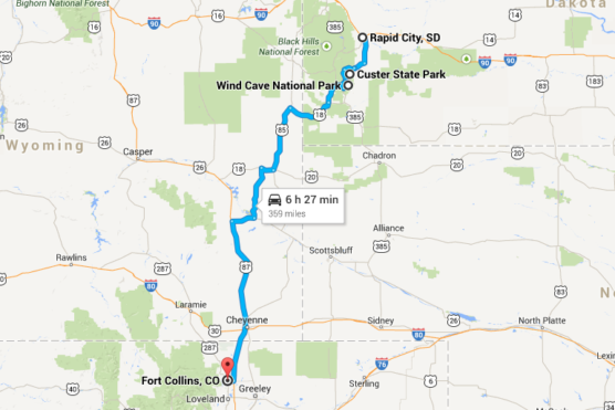 A map showing a driving route from Rapid City, SD to Fort Collins, CO, passing through Custer State Park and Wind Cave National Park. The route is 359 miles and estimated to take 6 hours and 27 minutes. by Justin Salem Meyer