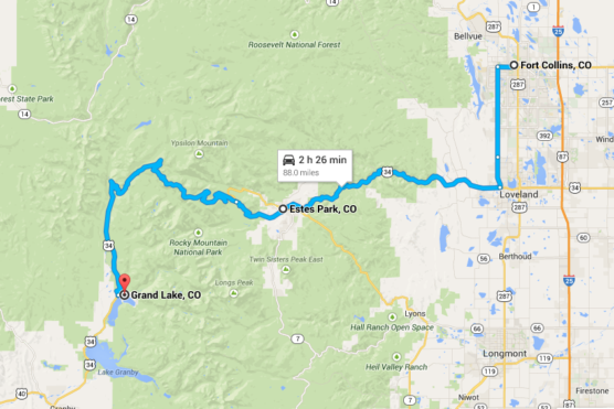 A map showing a driving route from Fort Collins, CO to Grand Lake, CO via Estes Park, CO. The route is highlighted in blue and covers 88 miles, with an estimated travel time of 2 hours and 26 minutes. by Justin Salem Meyer