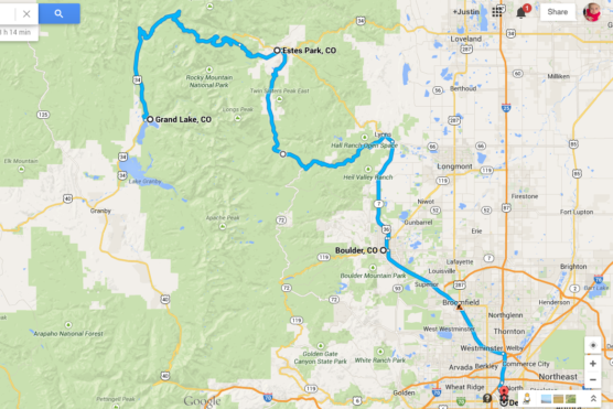 Map showing a driving route from Boulder, CO, through Estes Park and Rocky Mountain National Park, ending in Grand Lake, CO, with notable highways and towns labeled along the way. by Justin Salem Meyer