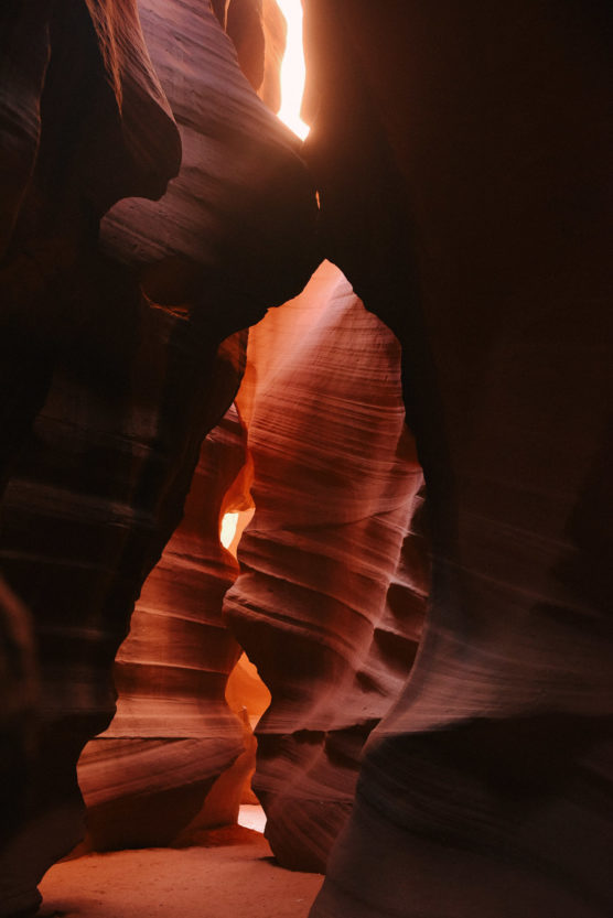 Narrow sandstone canyon with smooth, curving walls illuminated by warm sunlight filtering through openings above, highlighting the rich red and orange tones of the rock. by Justin Salem Meyer