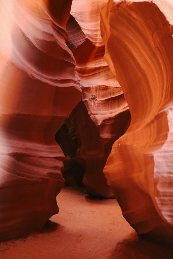 Narrow sandstone walls with smooth, wavy patterns and rich reddish-orange hues, forming a winding passage inside a slot canyon. Sunlight highlights the natural rock textures. by Justin Salem Meyer