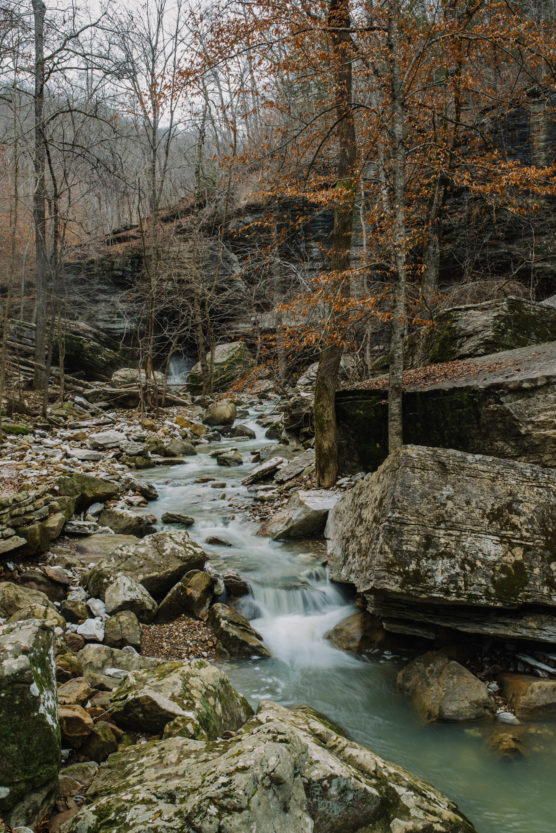 A small, clear stream flows over rocks through a forest of leafless trees and scattered boulders on a cloudy day in late autumn or early winter. by Justin Salem Meyer