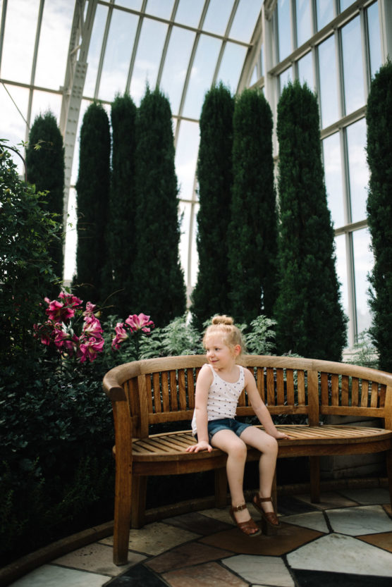 A young girl sits on a curved wooden bench in a bright greenhouse, surrounded by tall green plants, purple flowers, and large windows letting in natural light. by Justin Salem Meyer
