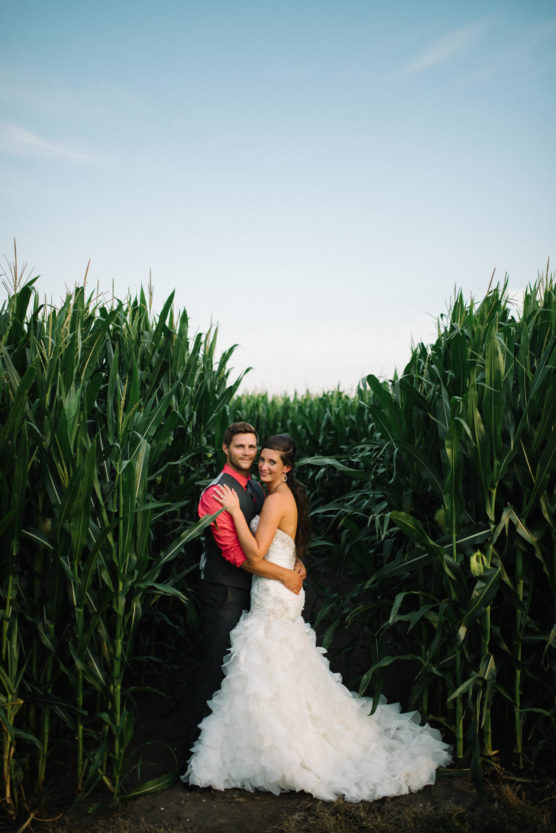 A bride in a white ruffled gown and a groom in a black suit with a red shirt embrace while standing between tall green corn stalks under a blue sky. by Justin Salem Meyer