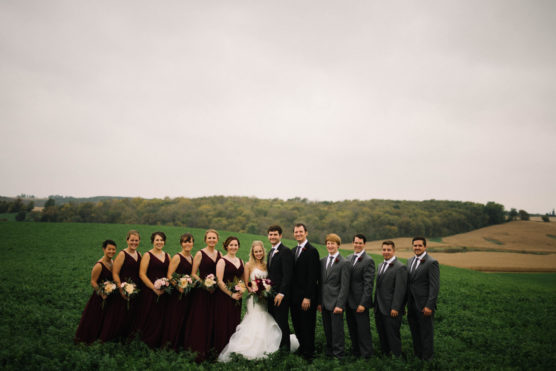 A wedding party stands together in a green field under a cloudy sky, with six bridesmaids in burgundy dresses, a bride in a white gown, a groom, and five groomsmen in gray suits, with rolling hills in the background. by Justin Salem Meyer