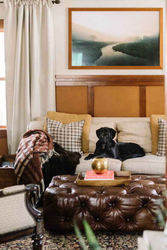 A black dog lies on a beige sofa with plaid and yellow cushions. A patterned blanket is draped over the arm. In front is a brown tufted ottoman with books and a gold decorative object. A framed landscape hangs on the wall. by Justin Salem Meyer