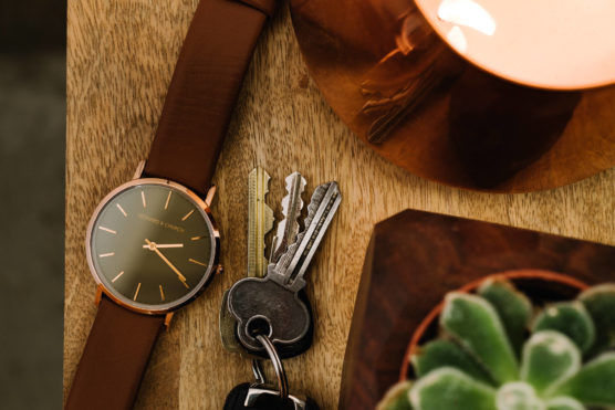 A brown leather wristwatch, a set of three keys on a keyring, and a small green succulent are arranged on a wooden surface near a copper-colored lamp. by Justin Salem Meyer