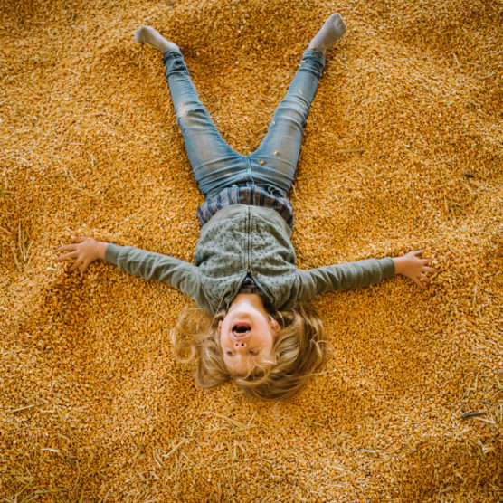 A young child wearing jeans and a green jacket lies on their back in a large pile of grain, with arms and legs spread out and mouth open in excitement. by Justin Salem Meyer