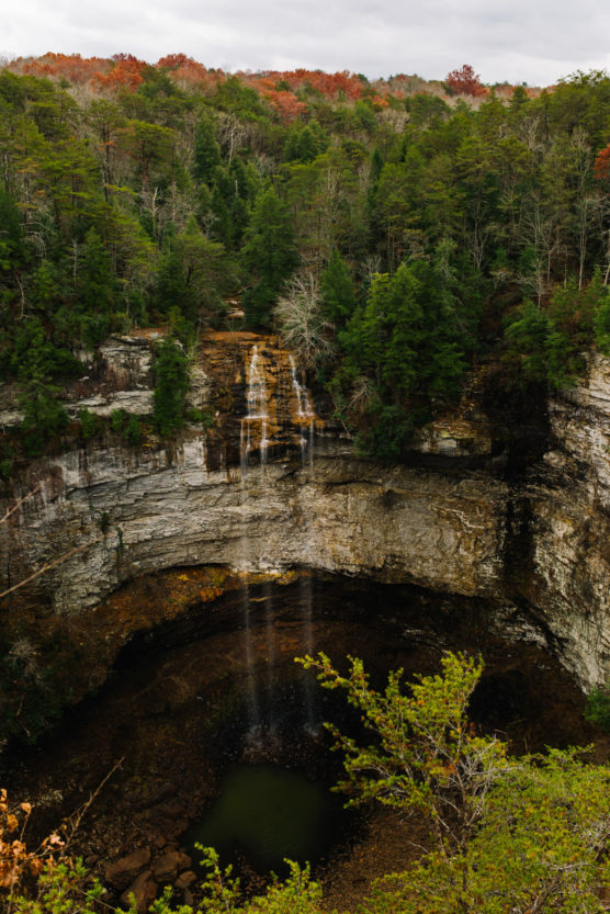 A narrow waterfall cascades down a rocky cliff into a round pool below, surrounded by dense green forest with hints of autumn foliage at the top. by Justin Salem Meyer