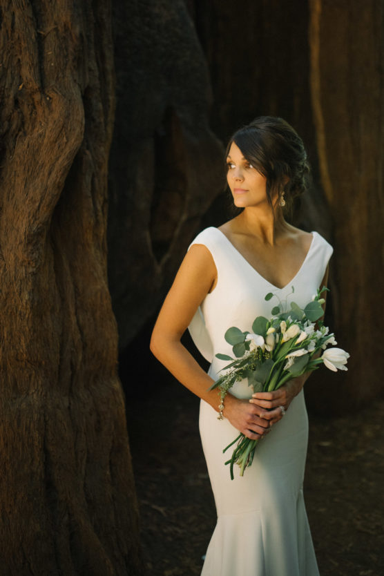 A bride in a white dress holding a bouquet of white flowers and greenery stands by a large tree, looking to the side with soft sunlight illuminating her face. by Justin Salem Meyer