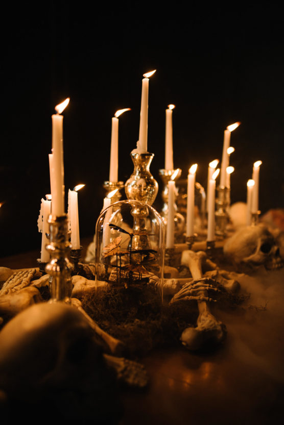 Lit white candles in ornate holders surround glass domes with decorative items inside, placed among skulls and bones on a dark, atmospheric table, creating a mysterious and eerie scene. by Justin Salem Meyer