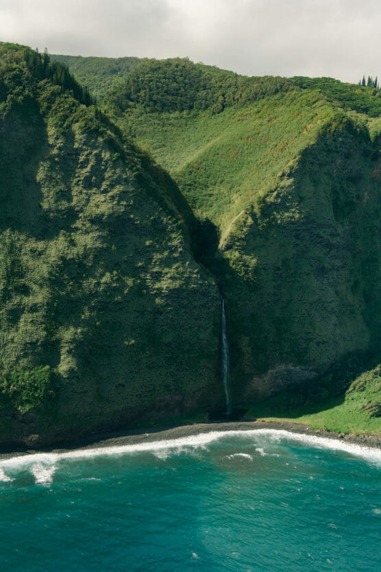 A tall, narrow waterfall flows down lush green cliffs into the ocean, with waves crashing on a rocky shoreline below and dense vegetation covering the hills above. by Justin Salem Meyer