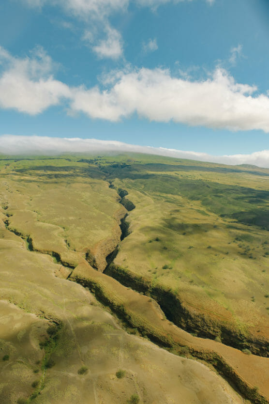 Aerial view of a vast, green landscape with rolling hills and a deep, narrow canyon cutting through the terrain under a partly cloudy blue sky. by Justin Salem Meyer