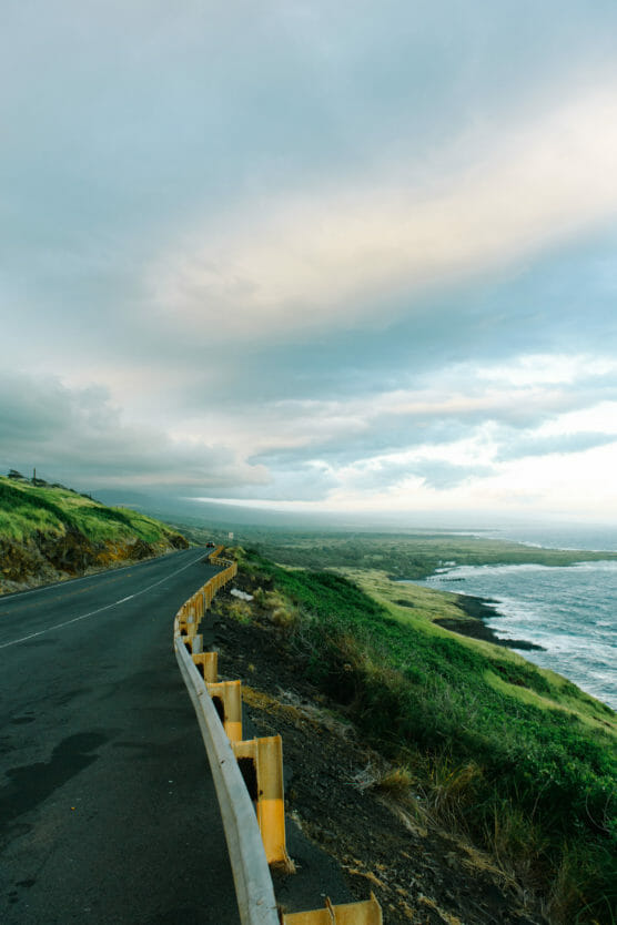 A coastal road curves alongside green hills and the ocean under a cloudy sky, with a yellow guardrail running along the edge. Waves crash gently against the rocky shoreline. by Justin Salem Meyer