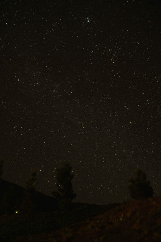 A clear night sky filled with numerous stars above a dark landscape with faint silhouettes of trees and a hill in the foreground. by Justin Salem Meyer