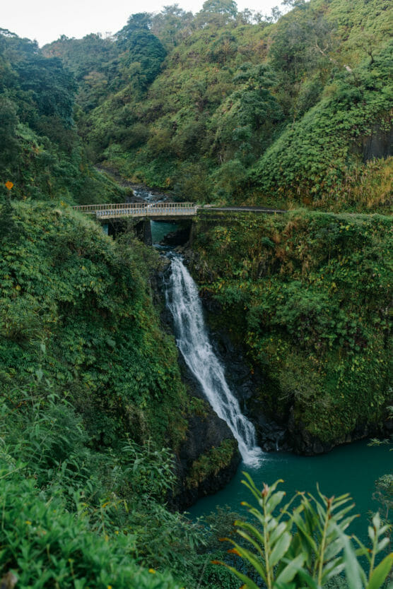 A waterfall flows into a turquoise pool surrounded by lush green hills, with a small bridge spanning the river above the falls and dense vegetation covering the landscape. by Justin Salem Meyer