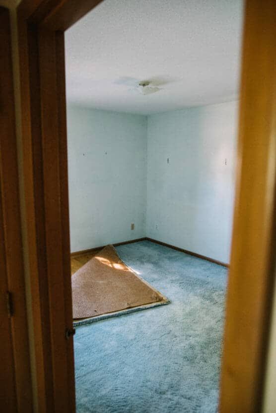 A small empty room with light blue walls and blue carpet, viewed through an open door. A section of the carpet near the center is pulled back, revealing a brown rug or mat underneath. by Justin Salem Meyer