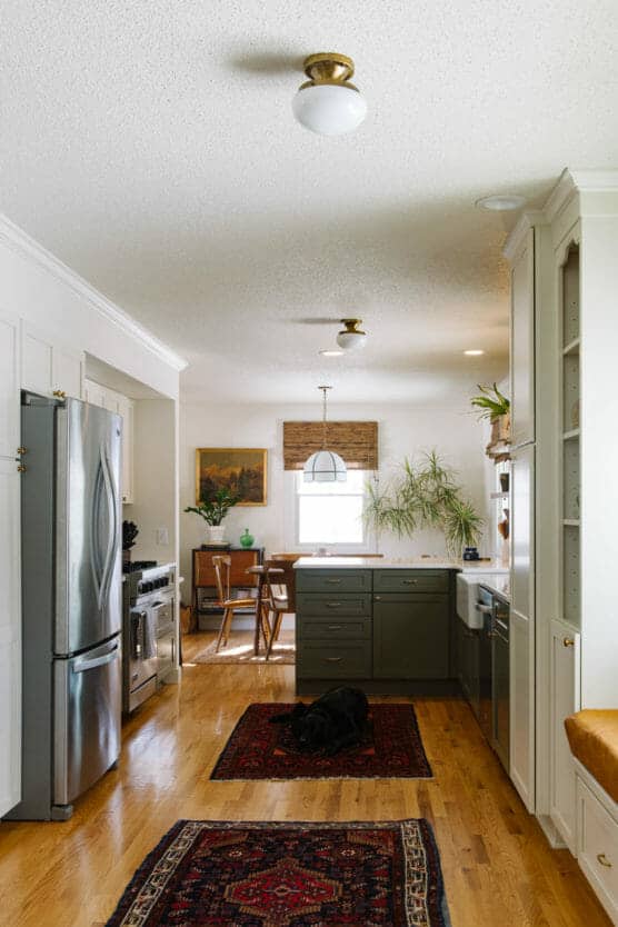 A bright, modern kitchen with white cabinets, stainless steel appliances, green island, wooden floor, and two red patterned rugs. A black dog lies on a rug, and large plants and a dining table are visible in the background. by Justin Salem Meyer