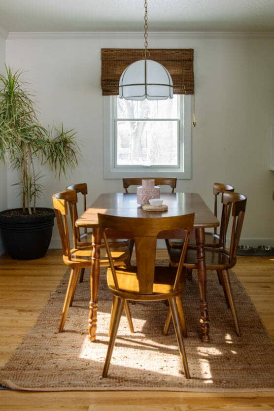 A wooden dining table with six matching chairs sits on a woven rug in a bright room. A large potted plant and a window with a bamboo shade let in natural light. A pendant lamp hangs above the table. by Justin Salem Meyer