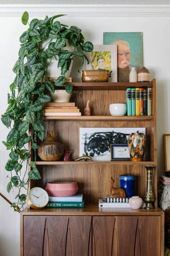 A wooden bookshelf holds potted plants, books, framed art, ceramic vases, a clock, and various decorative objects. A leafy plant drapes over the top shelf, and paintings are displayed on the top of the shelf. by Justin Salem Meyer