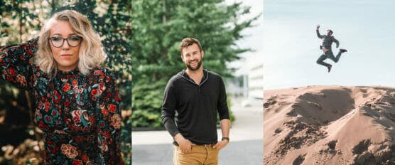 A collage of three photos: a woman in floral dress with glasses posing outdoors, a smiling man in a black shirt standing outside, and a person jumping high on a sand dune under a clear sky. by Justin Salem Meyer