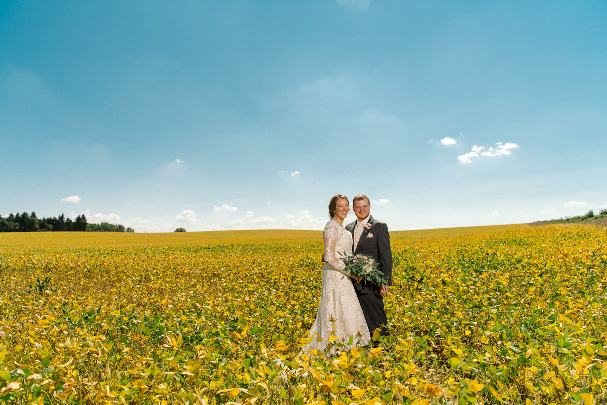 Happy young couple standing in a large flowering soybean field just outside of Orange City, Iowa