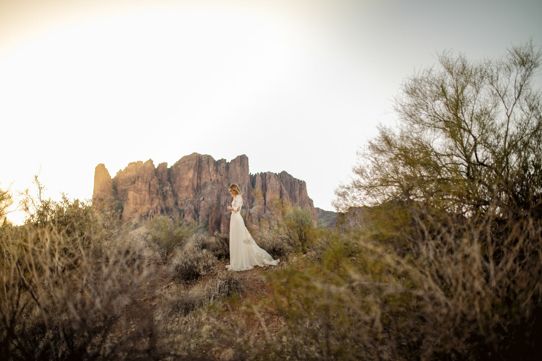 Bride standing in front of the mountains just outside of Phoenix