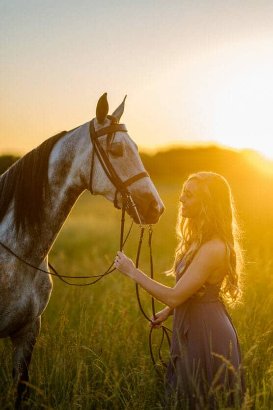 A woman in a purple dress stands in a grassy field at sunset, gently holding the reins of a grey horse. Warm golden sunlight shines behind them, creating a serene and peaceful atmosphere. by Justin Salem Meyer
