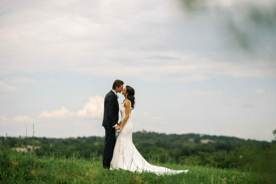 A bride and groom stand facing each other on a grassy hill, holding hands and gazing into each others eyes, with a scenic, tree-covered landscape and cloudy sky in the background. by Justin Salem Meyer