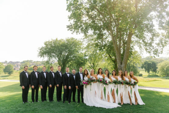 A wedding party poses outdoors on green grass. Six men in black tuxedos stand on the left, while nine women in white dresses holding bouquets stand on the right. Trees and a sunny landscape are in the background. by Justin Salem Meyer