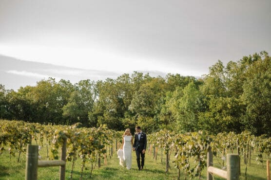 A bride and groom walk hand in hand through a sunlit vineyard, surrounded by green vines and trees under a cloudy sky. by Justin Salem Meyer