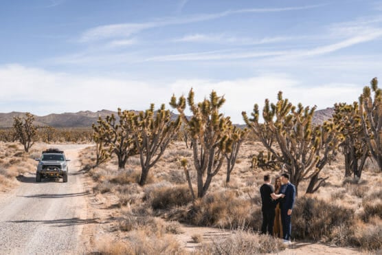 A couple stands together among Joshua trees in a desert landscape near a dirt road, with an off-road vehicle parked to the left and mountains in the background under a clear sky. by Justin Salem Meyer