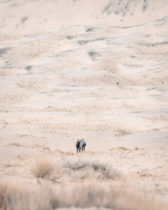 Four people walk closely together across a vast, sandy desert landscape with scattered dry grass, surrounded by light-colored, gently sloping dunes under soft, muted sunlight. by Justin Salem Meyer