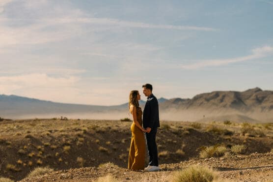 A couple stands facing each other, holding hands, in a desert landscape with mountains and a blue sky in the background. by Justin Salem Meyer
