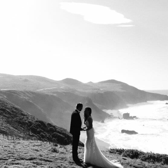 A bride and groom stand holding hands on a grassy cliff overlooking the ocean, with rolling hills and rocky coastline in the background, under a bright sky. by Justin Salem Meyer