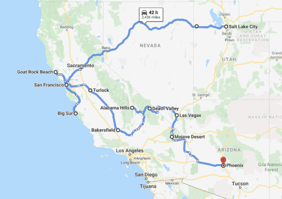 A map showing a road trip route from Salt Lake City to Phoenix, passing through Las Vegas, Death Valley, Mojave Desert, Los Angeles, Big Sur, San Francisco, Goat Rock Beach, Sacramento, and Turlock. Drive time: 42 hours. by Justin Salem Meyer