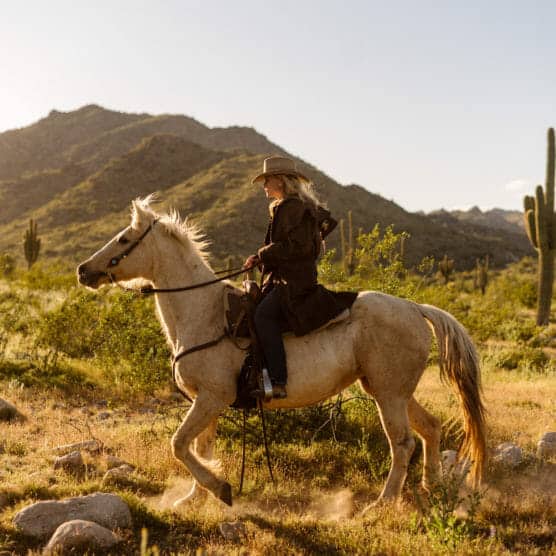 A person in a cowboy hat and long coat rides a light-colored horse through a desert landscape with cacti and mountains in the background under a clear sky. by Justin Salem Meyer
