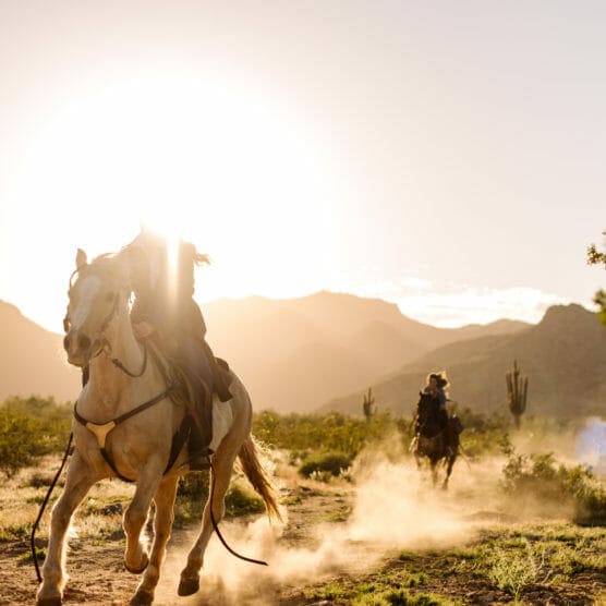 Two people ride horses on a dusty trail at sunset, with sunlight streaming behind the lead rider. Mountains and cacti are visible in the background. by Justin Salem Meyer