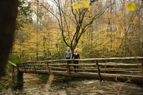 A man and woman walk together on a rustic wooden bridge over a stream in a forest with autumn foliage. They appear to be enjoying a peaceful moment surrounded by trees with yellow leaves. by Justin Salem Meyer