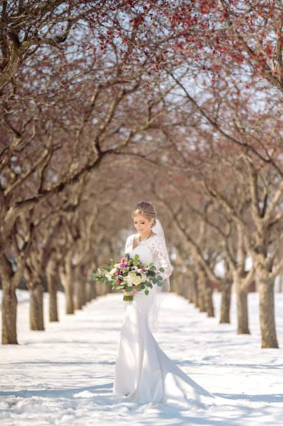 A bride in a white gown and veil stands on snow-covered ground, holding a bouquet of flowers. She is surrounded by leafless trees, creating a symmetrical archway in a winter landscape. by Justin Salem Meyer