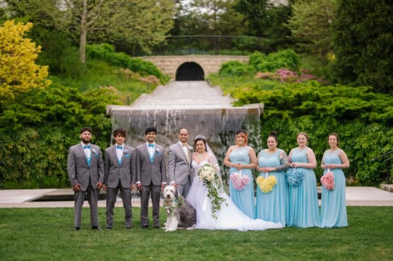 A wedding party poses outdoors in front of a waterfall. The bride and groom stand at the center with a dog, surrounded by three groomsmen in gray suits and four bridesmaids in light blue dresses holding colorful bouquets. by Justin Salem Meyer