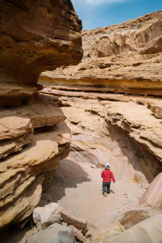 A person wearing a red jacket and blue pants walks through a narrow, winding canyon with layered, reddish-brown rock walls under a partly cloudy sky. by Justin Salem Meyer