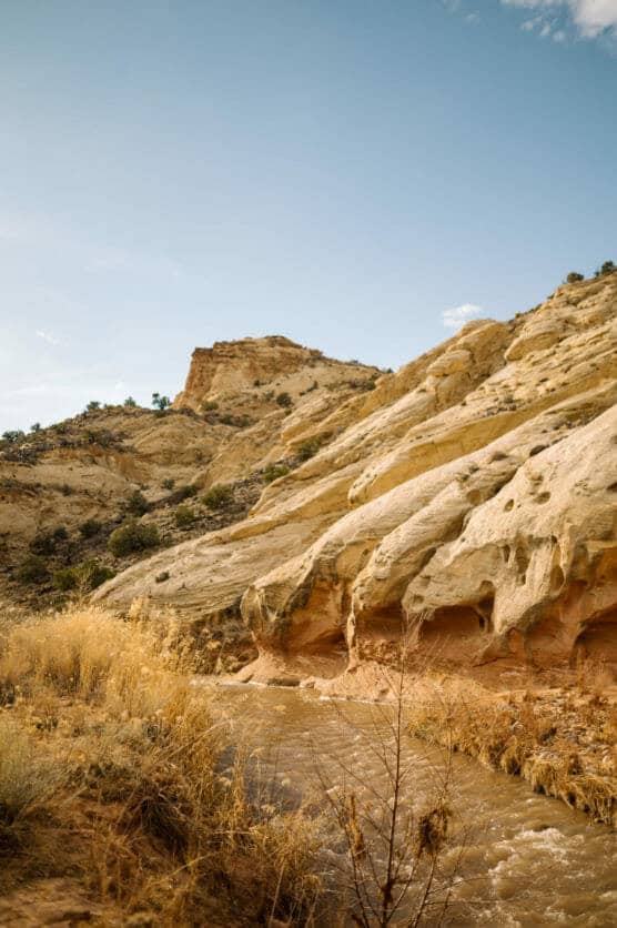 A winding stream flows beside layered, beige sandstone cliffs with sparse vegetation under a clear blue sky in a desert landscape. by Justin Salem Meyer