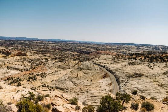 A winding road cuts through a vast, rocky desert landscape with layered stone formations, sparse vegetation, and distant mesas under a clear blue sky. by Justin Salem Meyer