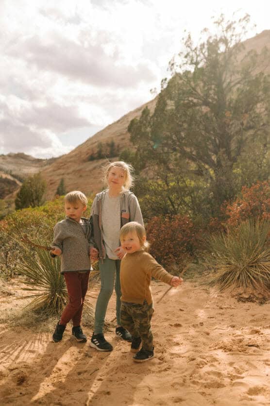 Three children stand together on a sandy trail surrounded by desert plants and hills under a partly cloudy sky. The two older kids hold hands, while the youngest stands in front, all dressed in casual outdoor clothes. by Justin Salem Meyer