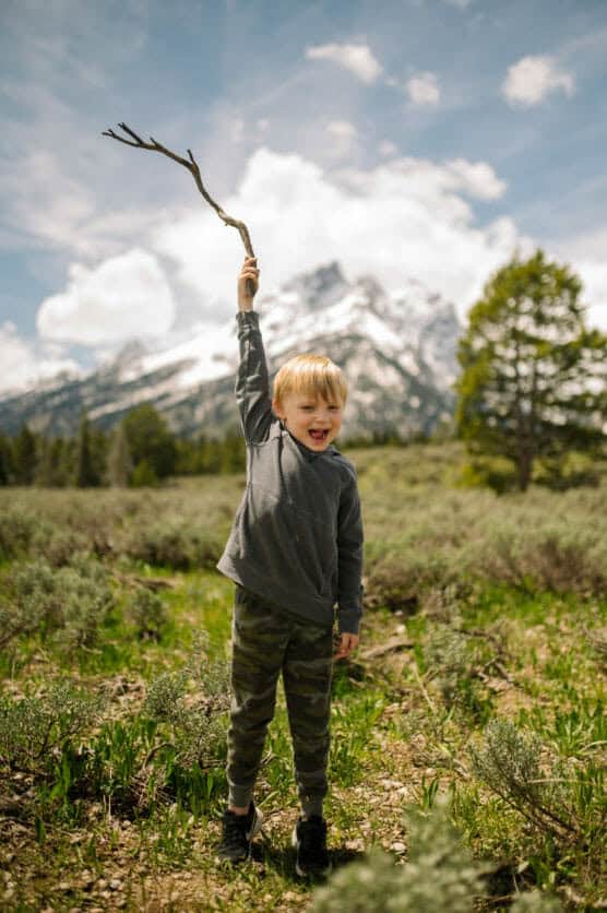 A young boy in camouflage pants and a gray sweatshirt stands in a grassy field, holding a stick above his head, with snow-capped mountains and green trees in the background under a partly cloudy sky. by Justin Salem Meyer