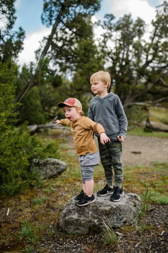Two young boys stand together on a large rock outdoors, surrounded by trees and greenery. One boy wears a gray hoodie and camo pants; the other wears a brown shirt, shorts, and a cap. Both appear to be looking ahead. by Justin Salem Meyer