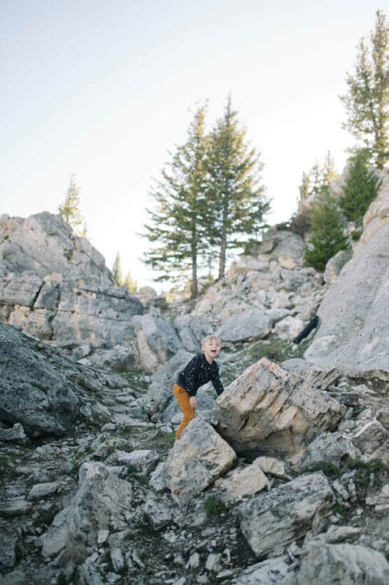 A young child wearing an orange pants and a dark sweater climbs over rocks in a rugged, rocky landscape with pine trees and a pale sky in the background. by Justin Salem Meyer