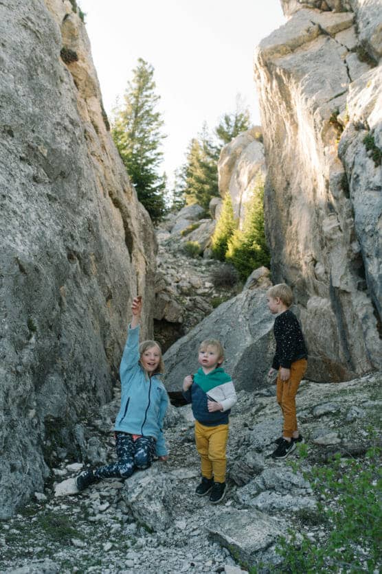 Three young children stand and kneel among large rocky cliffs outdoors. One child kneels and holds up a stick, while the other two children stand nearby. Evergreen trees are visible in the background. by Justin Salem Meyer